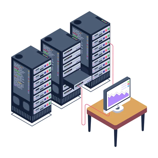 Illustrazione Vettoriale Isometrica Della Sala Server Con Server Database — Vettoriale Stock