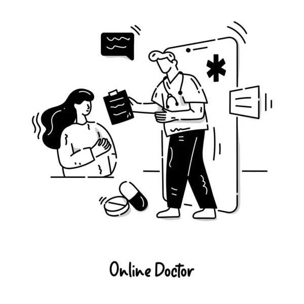 Black White Illustration Online Doctor — Stock Vector