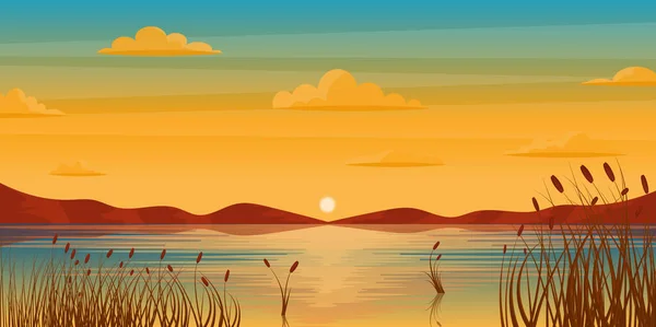 Beautiful Sunset Landscape Mountains River — Stock Vector