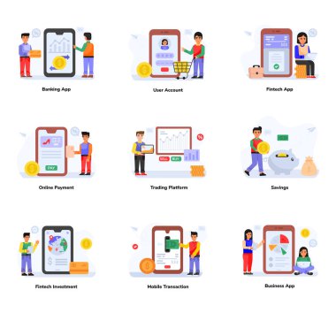 Web sitesi, mobil uygulama, akıllı telefon ve diğer kullanıcılar için vektör düz tasarım ögeleri seti.