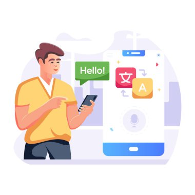 Akıllı telefona ve konuşma balonu vektör çizimine sahip adam