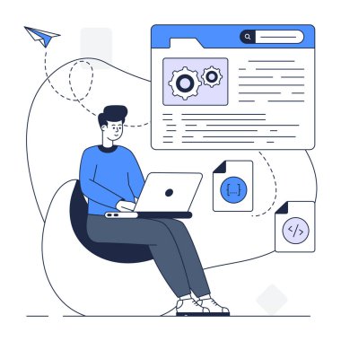 Dizüstü bilgisayarı ve ayarları olan adam vektör illüstrasyon tasarımı simgesi