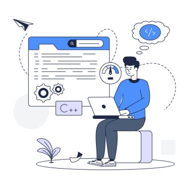 Dizüstü bilgisayarı ve ayarları vektör illüstrasyon tasarımı olan adam