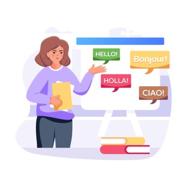 Bilgisayar ve konuşma baloncukları olan kadın vektör illüstrasyon tasarımı 