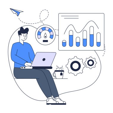 İş adamları dizüstü bilgisayar ve vites vektör çizimi tasarımı ile çalışıyor