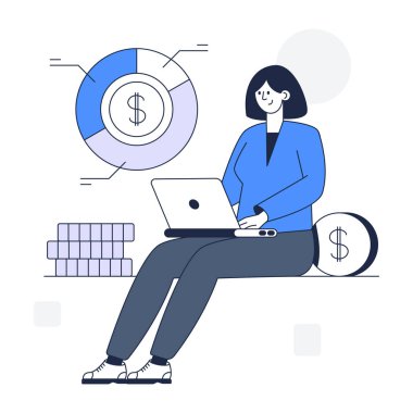 Dizüstü bilgisayarı ve finans simgeleri vektör illüstrasyon tasarımına sahip iş kadını