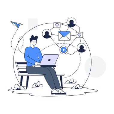 Dizüstü bilgisayarı ve simge vektör illüstrasyon tasarımı olan adam