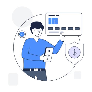 Akıllı telefonu ve kredi kartı çizimi olan bir adam.