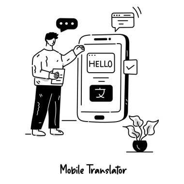 Mobil Çeviri karikatürü, vektör illüstrasyonu