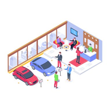 Araba Showroom çizgi filmi, vektör illüstrasyonu