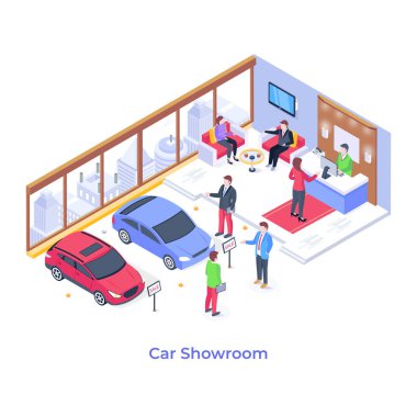 Araba Showroom çizgi filmi, vektör illüstrasyonu