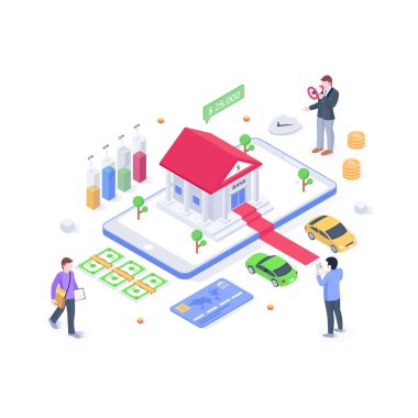 Mobil Bankacılık karikatürü, vektör illüstrasyonu