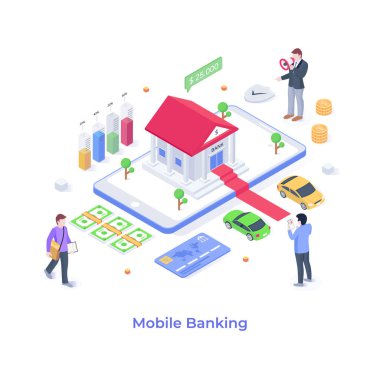 Mobil Bankacılık karikatürü, vektör illüstrasyonu