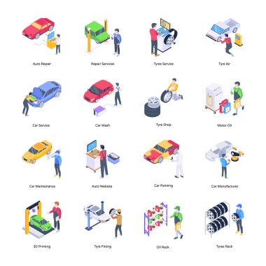 Araba tamiri ve bakım ikonları ayarlandı. Beyaz arkaplanda izole edilmiş web tasarımı için 25 kişinin izometrik vektör simgesi