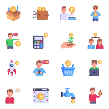 Kripto para birimi ve Blockchain karikatür kümesi, vektör illüstrasyonu