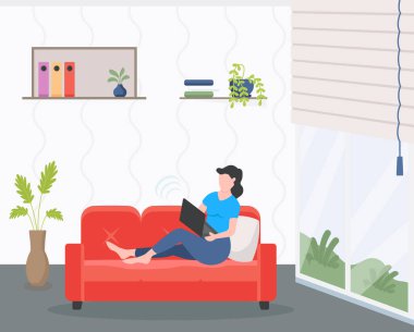 Woman using laptop on sofa cartoon, vector illustration