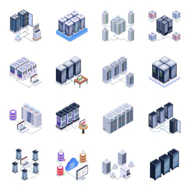 Modern Biçim Tasarımlı Veri Sunucularının Isometric Simgeleri