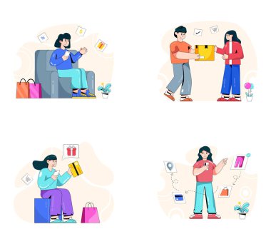 Alışveriş torbaları olan bir grup insan, alışveriş konseptinin vektör çizimi 