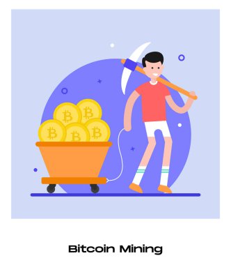 Bitcoin Madencilik karikatürü, vektör illüstrasyonu