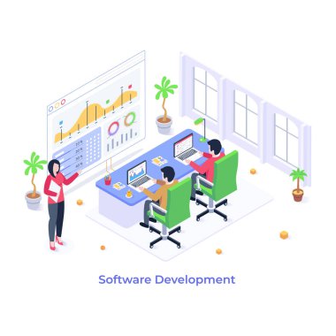 Yazılım Geliştirme karikatürü, vektör illüstrasyonu