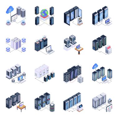 Modern Biçim Tasarımlı Depolama Sunucularının Isometric Simgeleri