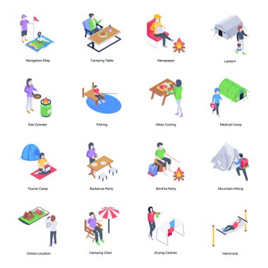 Kamp Faaliyetleri Seti Isometric Simgeleri