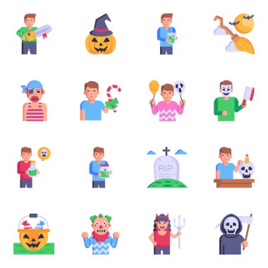 Cadılar Bayramı ikonları seti. karikatür çizimi ağ için 9 kişinin vektör simgesi