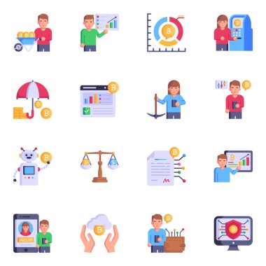 Bitcoin iş simgeleri kümesi, basit vektör illüstrasyonu