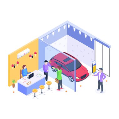 Araba galerisi çizgi filmi, vektör illüstrasyonu