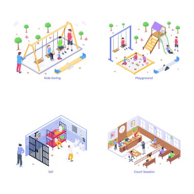 Çocuk parkı, hapishane ve üniversite illüstrasyonu