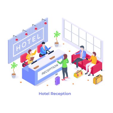 Otel resepsiyon karikatürü, vektör illüstrasyonu