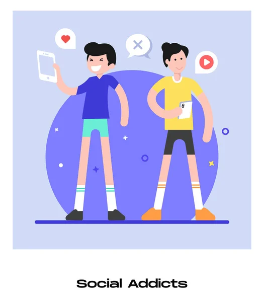 Social Addicts Cartoon Vector Illustration — Vector de stock