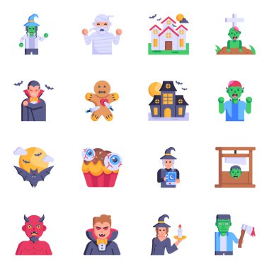 Ürkütücü Cadılar Bayramı Düz Vektörlerinin Simgeleri