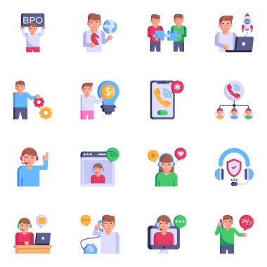BPO ve Müşteri Hizmetleri Düz Simgeler çizgi filmi, vektör illüstrasyonu