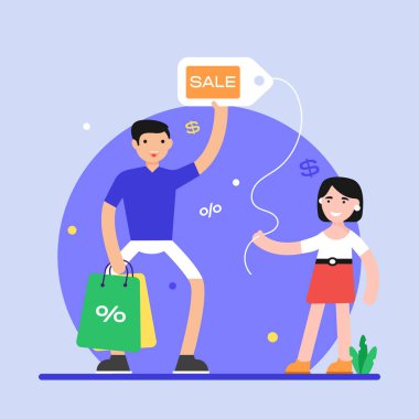 İndirimli Etiket karikatürü, vektör illüstrasyonu