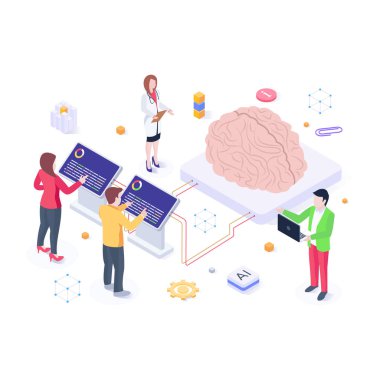 Beyin Teknolojisi karikatürü, vektör illüstrasyonu