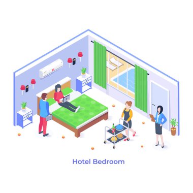 Otel odası karikatürü, vektör illüstrasyonu