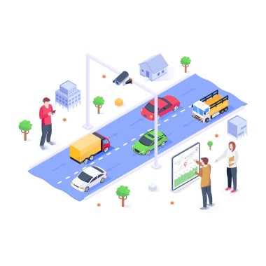 Otoyol trafik karikatürü, vektör illüstrasyonu