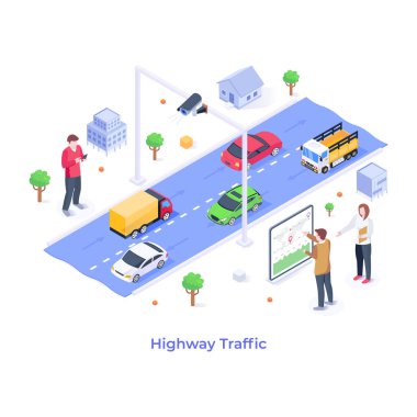 Otoyol trafik karikatürü, vektör illüstrasyonu