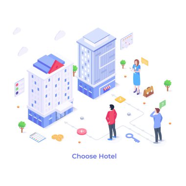 Otel karikatürü, vektör illüstrasyonunu seç