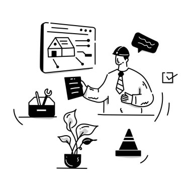 Mimari Mühendis karikatürü, vektör illüstrasyonu