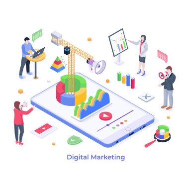 Dijital Pazarlama karikatürü, vektör illüstrasyonu