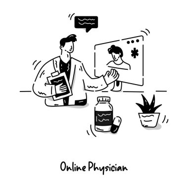 Çevrimiçi Doktor karikatürü, vektör illüstrasyonu