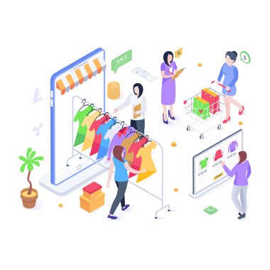 Çevrimiçi Alışveriş karikatürü, vektör illüstrasyonu