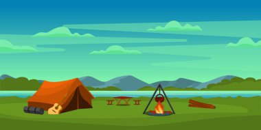 camping tent with mountains and campfire, vector illustration