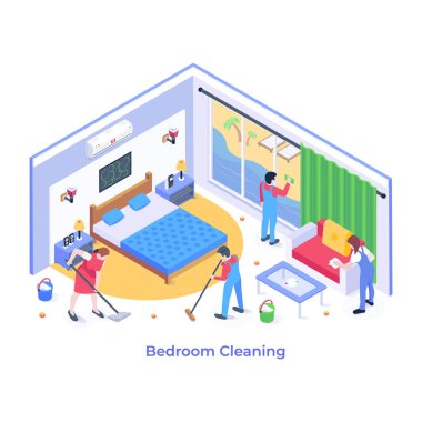 Yatak odası temizleme çizgi filmi, vektör illüstrasyonu