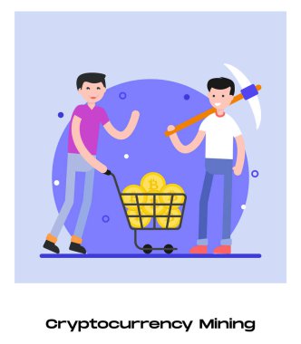 Elinde para dolu bir yük arabası olan iki adamın vektör çizimi, kripto para madenciliği. 