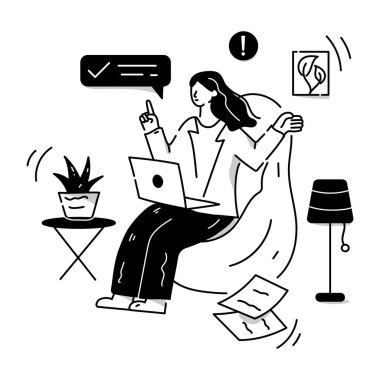 Evde dizüstü bilgisayarı olan kadın, vektör çizimi tasarımı