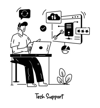 Dizüstü bilgisayar ve teknik destek üzerinde çalışan adamın vektör çizimi