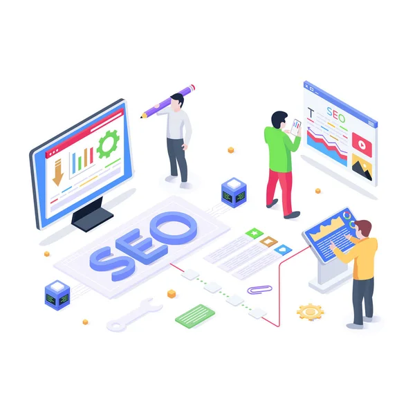 SEO Servisleri karikatürü, vektör illüstrasyonu